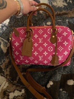 Louis Vuitton Pink Monogram Satchel with Tan Leather Trim
